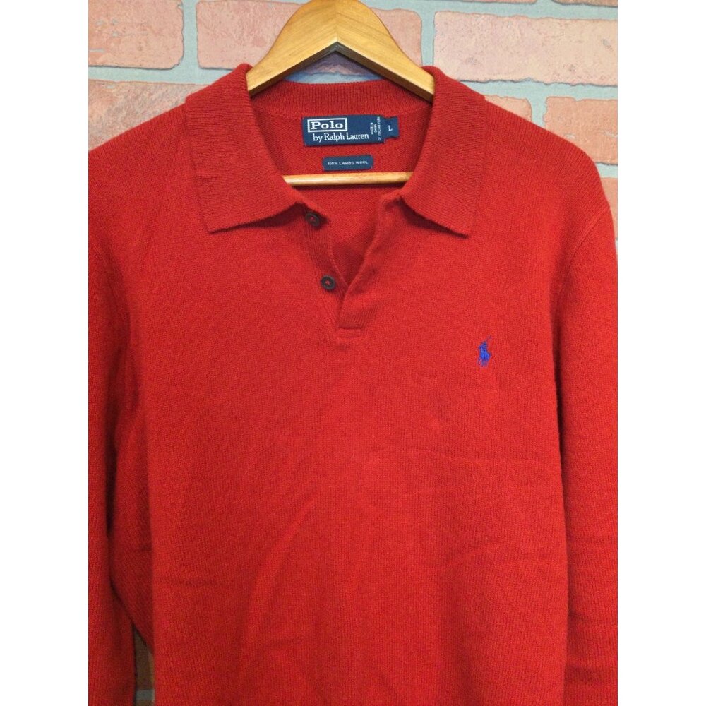 Polo Ralph Lauren Mens Red Lambs Wool Sweater Sz L Preppy Old Money Long Sleeve - Picture 2 of 6